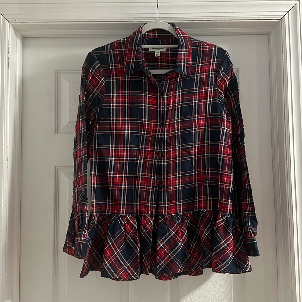 Navy/Red flannel with ruffle bottom. Size M